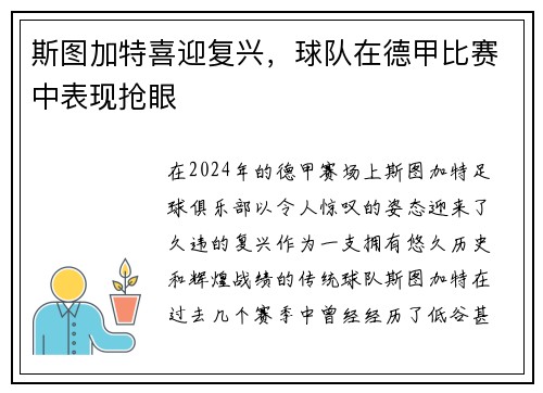 斯图加特喜迎复兴，球队在德甲比赛中表现抢眼