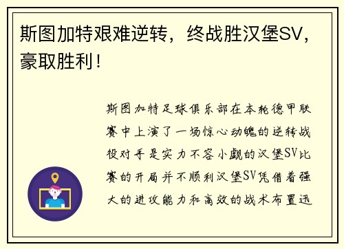 斯图加特艰难逆转，终战胜汉堡SV，豪取胜利！