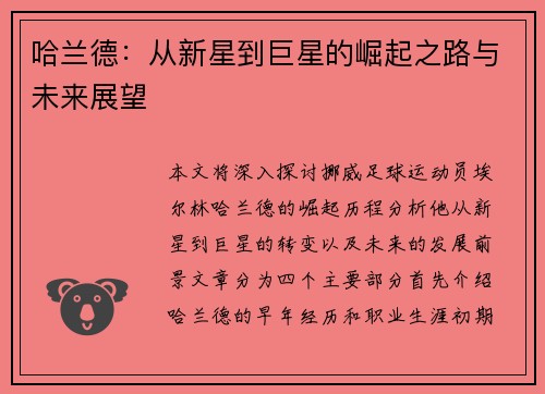 哈兰德：从新星到巨星的崛起之路与未来展望