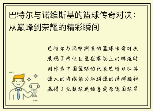 巴特尔与诺维斯基的篮球传奇对决：从巅峰到荣耀的精彩瞬间