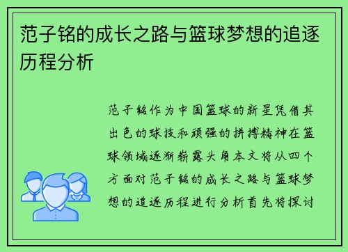 范子铭的成长之路与篮球梦想的追逐历程分析