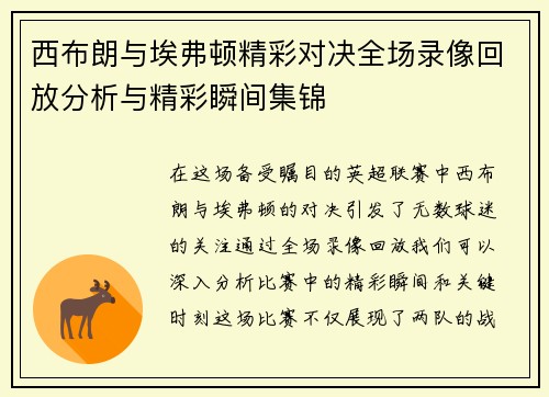 西布朗与埃弗顿精彩对决全场录像回放分析与精彩瞬间集锦