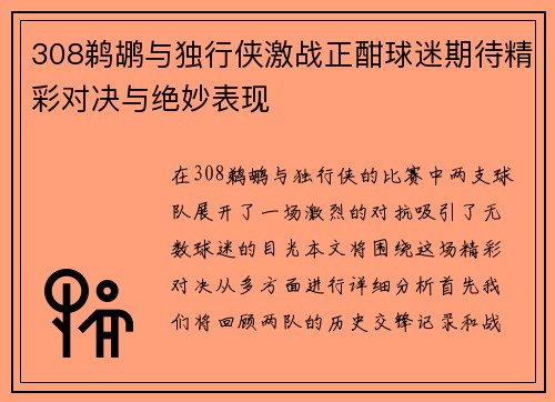 308鹈鹕与独行侠激战正酣球迷期待精彩对决与绝妙表现