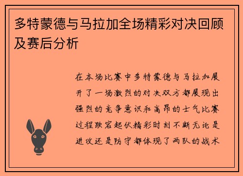 多特蒙德与马拉加全场精彩对决回顾及赛后分析
