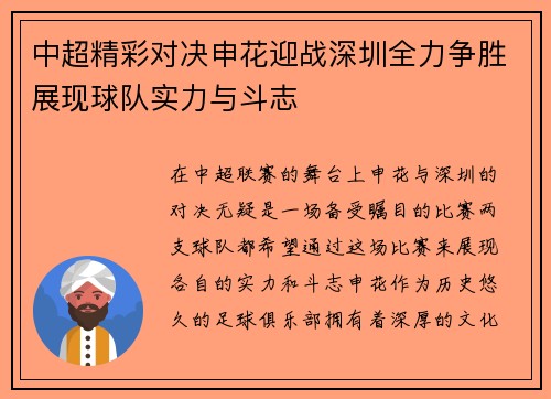 中超精彩对决申花迎战深圳全力争胜展现球队实力与斗志