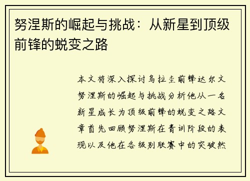 努涅斯的崛起与挑战：从新星到顶级前锋的蜕变之路