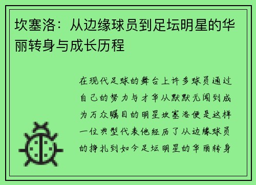 坎塞洛：从边缘球员到足坛明星的华丽转身与成长历程