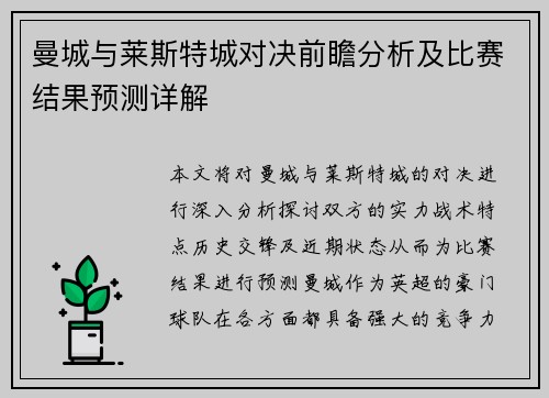 曼城与莱斯特城对决前瞻分析及比赛结果预测详解