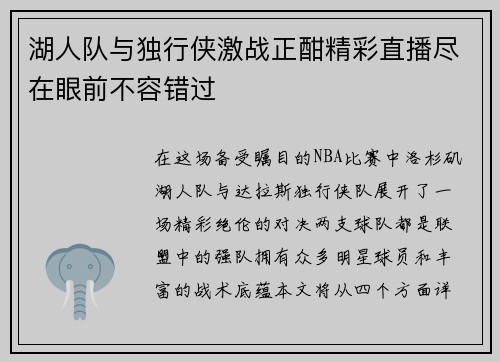 湖人队与独行侠激战正酣精彩直播尽在眼前不容错过