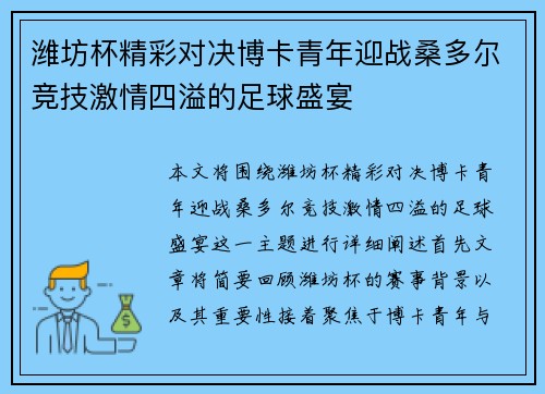 潍坊杯精彩对决博卡青年迎战桑多尔竞技激情四溢的足球盛宴