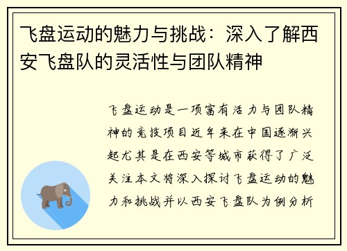 飞盘运动的魅力与挑战：深入了解西安飞盘队的灵活性与团队精神