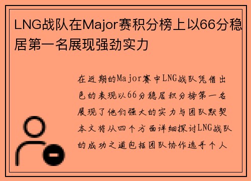 LNG战队在Major赛积分榜上以66分稳居第一名展现强劲实力