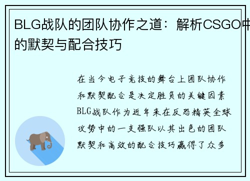 BLG战队的团队协作之道：解析CSGO中的默契与配合技巧