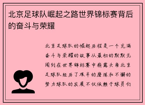 北京足球队崛起之路世界锦标赛背后的奋斗与荣耀