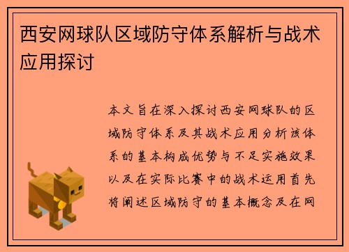 西安网球队区域防守体系解析与战术应用探讨
