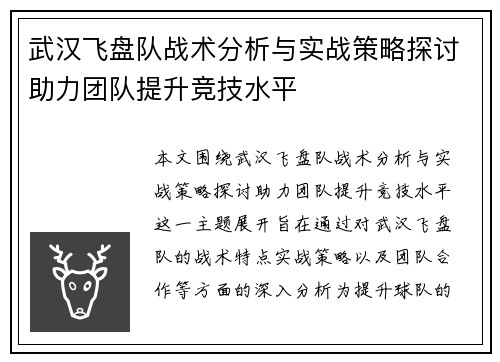 武汉飞盘队战术分析与实战策略探讨助力团队提升竞技水平